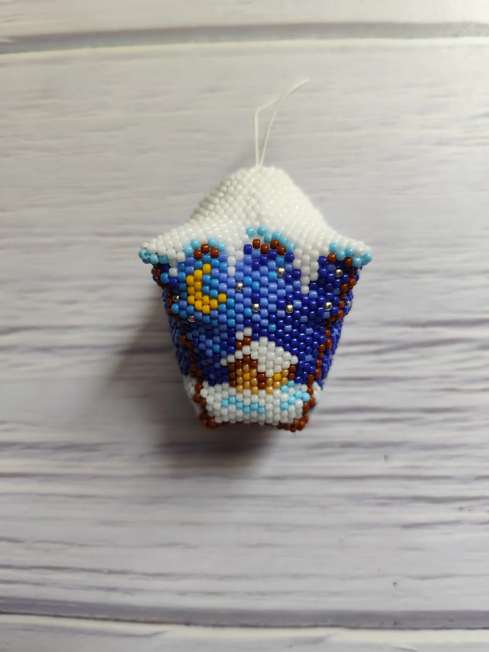 Handmade Beaded Ornament - Blue & White  Motif